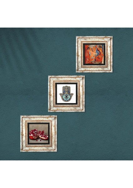 Stone Picasso Avignonlu Kızlar, Nar, Fatma Ana Eli (Hamsa) Çerçeveli Taş Duvar Tablosu 3’lü Set - Dekoratif Modern Sanat, Ev ve Ofis Dekoru |TK3-778| fırsatları