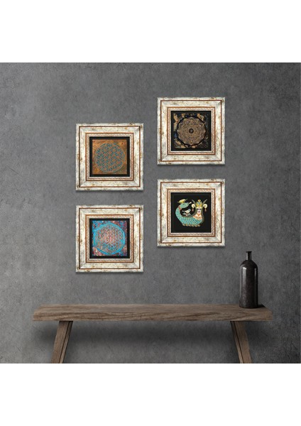 Sri Yantra, Yaşam Çiçeği, Şahmeran Çerçeveli Taş Duvar Tablosu 4’lü Set - Dekoratif Modern Sanat, Ev ve Ofis Dekoru |TK4-478|
