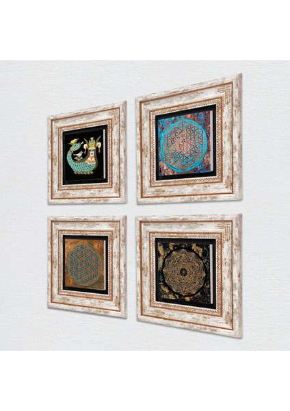 Sri Yantra, Yaşam Çiçeği, Şahmeran Çerçeveli Taş Duvar Tablosu 4’lü Set - Dekoratif Modern Sanat, Ev ve Ofis Dekoru |TK4-478| fiyatları