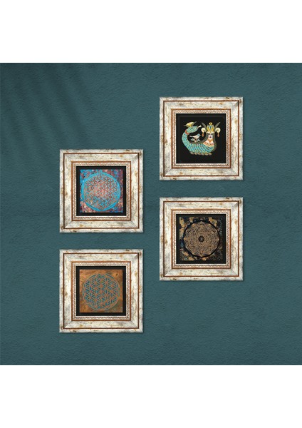 Sri Yantra, Yaşam Çiçeği, Şahmeran Çerçeveli Taş Duvar Tablosu 4’lü Set - Dekoratif Modern Sanat, Ev ve Ofis Dekoru |TK4-478| fırsatları