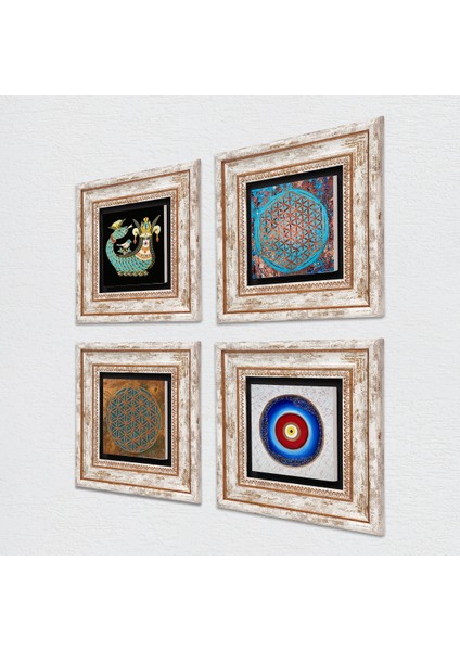 Nazar, Yaşam Çiçeği, Şahmeran Çerçeveli Taş Duvar Tablosu 4’lü Set - Dekoratif Modern Sanat, Ev ve Ofis Dekoru |TK4-493| fiyatları