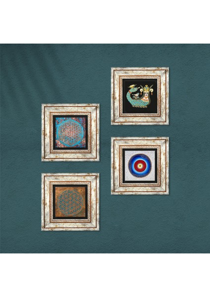 Nazar, Yaşam Çiçeği, Şahmeran Çerçeveli Taş Duvar Tablosu 4’lü Set - Dekoratif Modern Sanat, Ev ve Ofis Dekoru |TK4-493| fırsatları