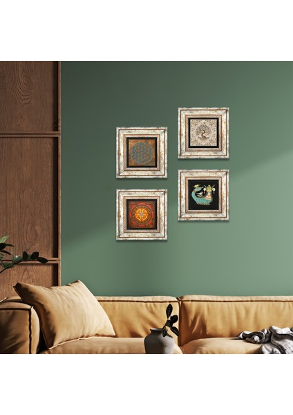 Yaşam Çiçeği, Sri Yantra, Şahmeran, Hayat Ağacı Çerçeveli Taş Duvar Tablosu 4’lü Set - Dekoratif Modern Sanat, Ev ve Ofis Dekoru |TK4-495|