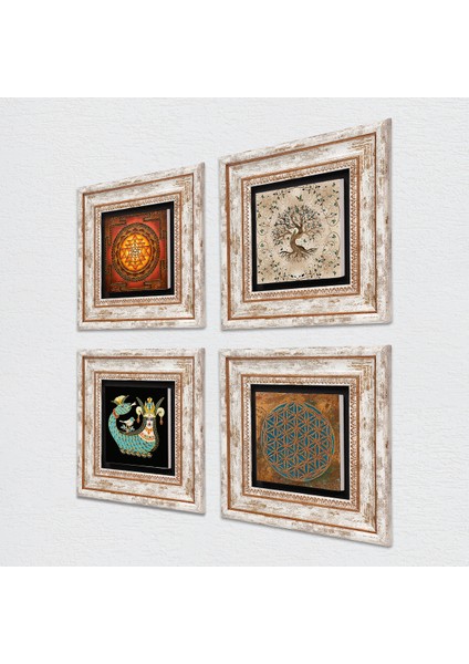 Yaşam Çiçeği, Sri Yantra, Şahmeran, Hayat Ağacı Çerçeveli Taş Duvar Tablosu 4’lü Set - Dekoratif Modern Sanat, Ev ve Ofis Dekoru |TK4-495| fiyatları