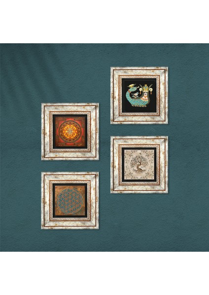 Yaşam Çiçeği, Sri Yantra, Şahmeran, Hayat Ağacı Çerçeveli Taş Duvar Tablosu 4’lü Set - Dekoratif Modern Sanat, Ev ve Ofis Dekoru |TK4-495| fırsatları