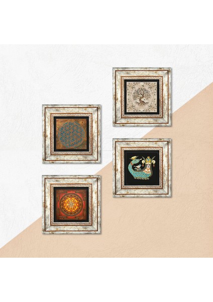 Yaşam Çiçeği, Sri Yantra, Şahmeran, Hayat Ağacı Çerçeveli Taş Duvar Tablosu 4’lü Set - Dekoratif Modern Sanat, Ev ve Ofis Dekoru |TK4-495| indirimleri