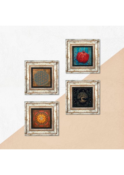 Yaşam Çiçeği, Sri Yantra, Hayat Ağacı, Nar Taş Duvar Tablosu Çerçeveli Duvar Dekoru 4 Parça Tablo Seti Wall Art T4-497