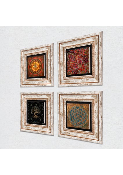 Yaşam Çiçeği, Sri Yantra, Hayat Ağacı, Desen Taş Duvar Tablosu Çerçeveli Duvar Dekoru 4 Parça Tablo Seti Wall Art T4-501