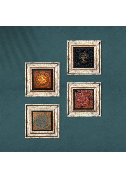 Yaşam Çiçeği, Sri Yantra, Hayat Ağacı, Desen Taş Duvar Tablosu Çerçeveli Duvar Dekoru 4 Parça Tablo Seti Wall Art T4-501