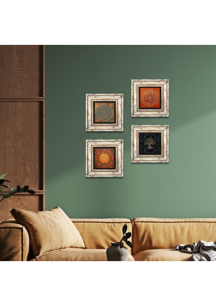 Yaşam Çiçeği, Sri Yantra, Hayat Ağacı Taş Duvar Tablosu Çerçeveli Duvar Dekoru 4 Parça Tablo Seti Wall Art T4-507