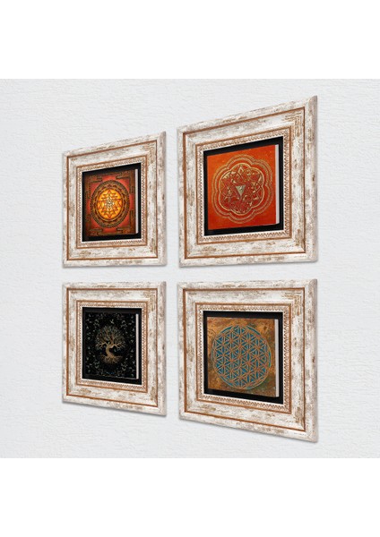 Yaşam Çiçeği, Sri Yantra, Hayat Ağacı Taş Duvar Tablosu Çerçeveli Duvar Dekoru 4 Parça Tablo Seti Wall Art T4-507 fiyatları