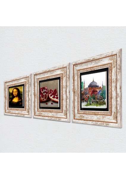 İstanbul Ayasofya, Leonardo da Vinci Mona Lisa, Nar Çerçeveli Taş Duvar Tablosu 3’lü Set - Dekoratif Modern Sanat, Ev ve Ofis Dekoru |TK3-1417| fiyatları