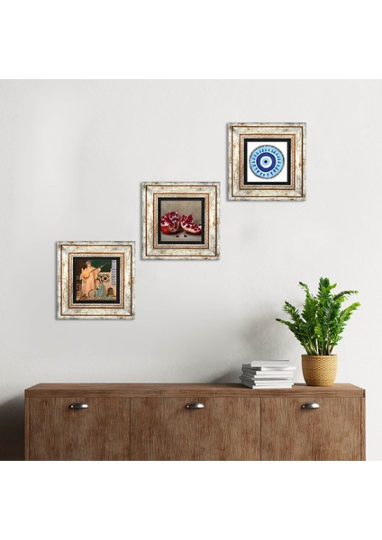Nazar, İki Müzisyen Kız Tablosu, Nar Taş Duvar Tablosu Çerçeveli Duvar Dekoru 3 Parça Tablo Seti Wall Art T3-1503