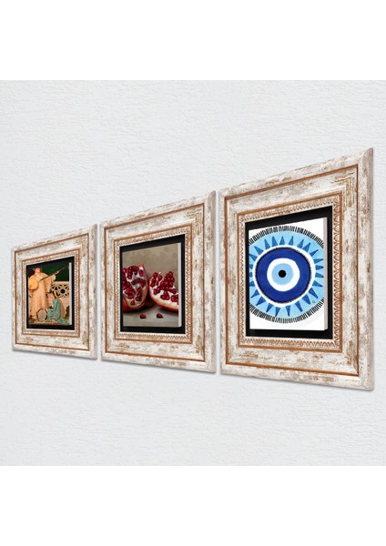 Nazar, İki Müzisyen Kız Tablosu, Nar Taş Duvar Tablosu Çerçeveli Duvar Dekoru 3 Parça Tablo Seti Wall Art T3-1503