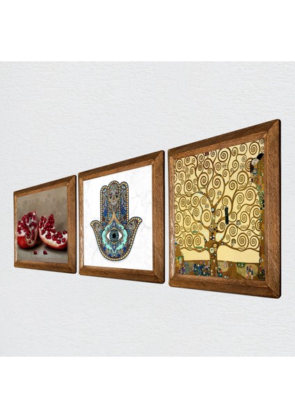 Gustav Klimt Hayat Ağacı, Nar, Fatma Ana Eli (Hamsa) Ahşap Çerçeveli Taş Duvar Tablosu 3’lü Set – 25x25 cm Dekoratif Modern Sanat – Ev ve Ofis Dekoru |W3-711| fiyatları