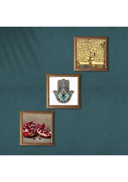 Gustav Klimt Hayat Ağacı, Nar, Fatma Ana Eli (Hamsa) Ahşap Çerçeveli Taş Duvar Tablosu 3’lü Set – 25x25 cm Dekoratif Modern Sanat – Ev ve Ofis Dekoru |W3-711| modelleri