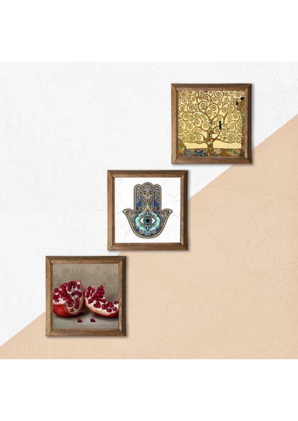 Gustav Klimt Hayat Ağacı, Nar, Fatma Ana Eli (Hamsa) Ahşap Çerçeveli Taş Duvar Tablosu 3’lü Set – 25x25 cm Dekoratif Modern Sanat – Ev ve Ofis Dekoru |W3-711| indirimleri
