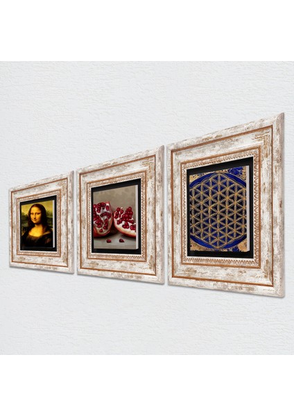 Yaşam Çiçeği, Leonardo da Vinci Mona Lisa, Nar Taş Duvar Tablosu Çerçeveli Duvar Dekoru 3 Parça Tablo Seti Wall Art T3-1421 fiyatları