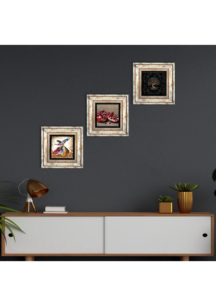 Hayat Ağacı, Semazen, Nar Taş Duvar Tablosu Çerçeveli Duvar Dekoru 3 Parça Tablo Seti Wall Art T3-869