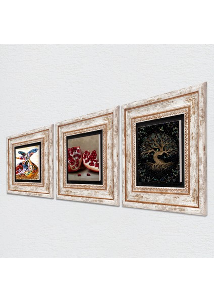 Hayat Ağacı, Semazen, Nar Taş Duvar Tablosu Çerçeveli Duvar Dekoru 3 Parça Tablo Seti Wall Art T3-869