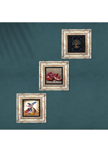 Hayat Ağacı, Semazen, Nar Taş Duvar Tablosu Çerçeveli Duvar Dekoru 3 Parça Tablo Seti Wall Art T3-869