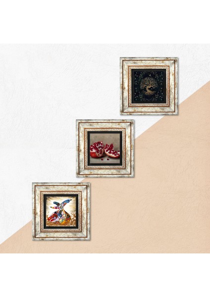 Hayat Ağacı, Semazen, Nar Taş Duvar Tablosu Çerçeveli Duvar Dekoru 3 Parça Tablo Seti Wall Art T3-869