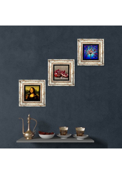 Hayat Ağacı, Leonardo da Vinci Mona Lisa, Nar Çerçeveli Taş Duvar Tablosu 3’lü Set - Dekoratif Modern Sanat, Ev ve Ofis Dekoru |TK3-1418|