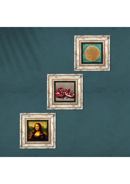 Lotus Çiçeği, Leonardo da Vinci Mona Lisa, Nar Çerçeveli Taş Duvar Tablosu 3’lü Set - Dekoratif Modern Sanat, Ev ve Ofis Dekoru |TK3-1429| fırsatları
