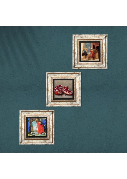 Satranç Oyunu, Kaplumbağa Terbiyecisi, Nar Taş Duvar Tablosu Çerçeveli Duvar Dekoru 3 Parça Tablo Seti Wall Art T3-1522
