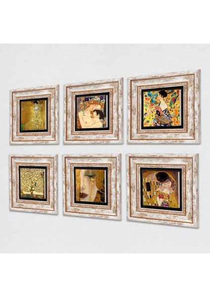 Gustav Klimt Taş Duvar Tablosu Çerçeveli Duvar Dekoru 6 Parça Tablo Seti Wall Art T6-27