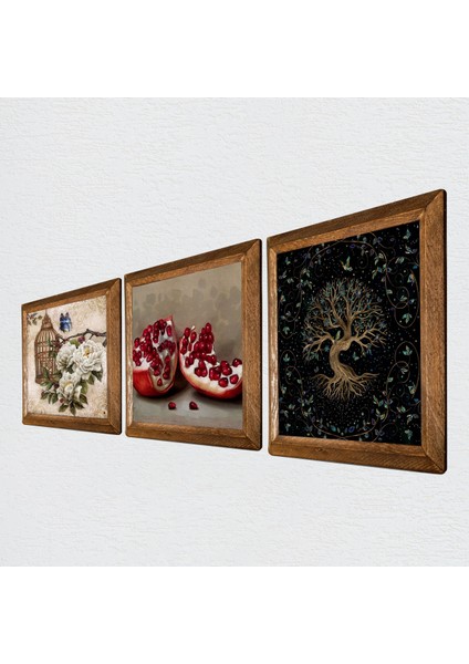 Hayat Ağacı, Kelebekli Çiçek, Nar Taş Duvar Tablosu Ahşap Çerçeveli Duvar Dekoru 3 Parça Tablo Seti Wall Art W3-1091 fiyatları