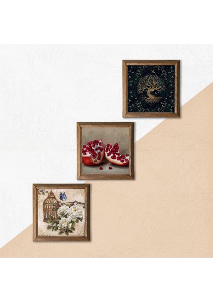 Hayat Ağacı, Kelebekli Çiçek, Nar Taş Duvar Tablosu Ahşap Çerçeveli Duvar Dekoru 3 Parça Tablo Seti Wall Art W3-1091 indirimleri