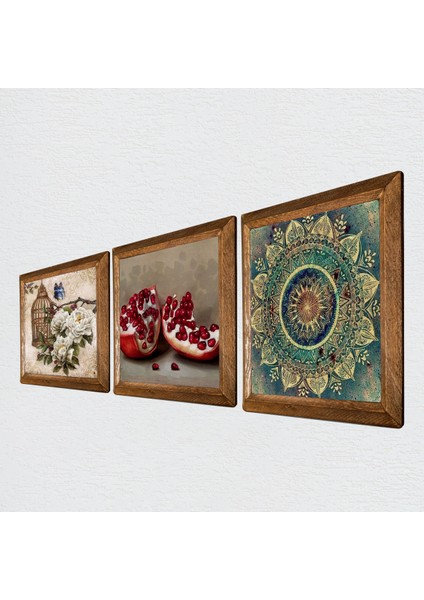 Mandala, Kelebekli Çiçek, Nar Taş Duvar Tablosu Ahşap Çerçeveli Duvar Dekoru 3 Parça Tablo Seti Wall Art W3-1103 fiyatları