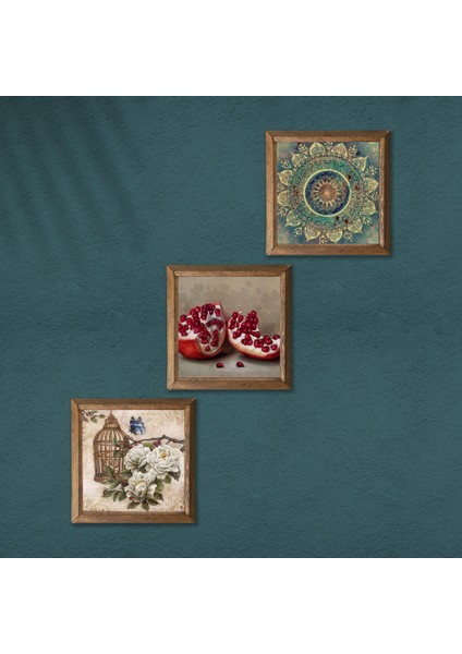 Mandala, Kelebekli Çiçek, Nar Taş Duvar Tablosu Ahşap Çerçeveli Duvar Dekoru 3 Parça Tablo Seti Wall Art W3-1103 modelleri