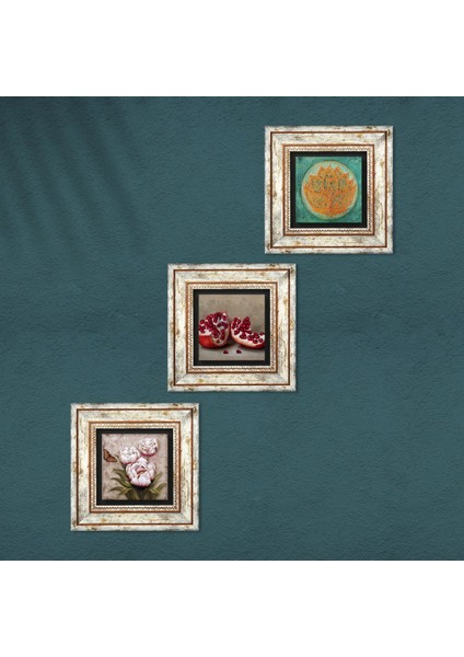 Lotus Çiçeği, Kelebekli Çiçek, Nar Çerçeveli Taş Duvar Tablosu 3’lü Set - Dekoratif Modern Sanat, Ev ve Ofis Dekoru |TK3-1249| fırsatları