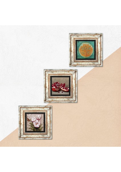 Lotus Çiçeği, Kelebekli Çiçek, Nar Çerçeveli Taş Duvar Tablosu 3’lü Set - Dekoratif Modern Sanat, Ev ve Ofis Dekoru |TK3-1249| indirimleri