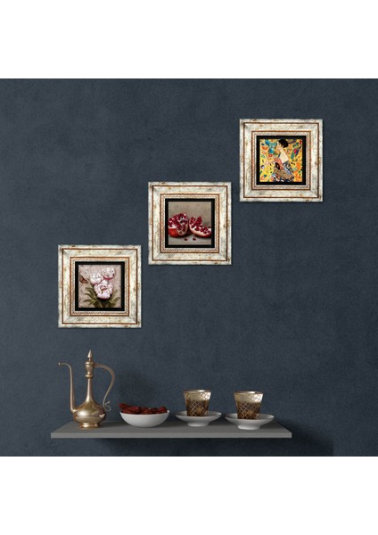 Gustav Klimt Yelpazeli Kadın, Kelebekli Çiçek, Nar Taş Duvar Tablosu Çerçeveli Duvar Dekoru 3 Parça Tablo Seti Wall Art T3-1268