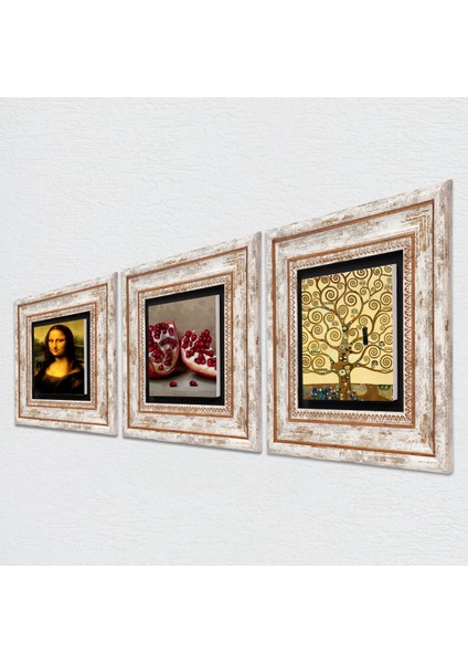Gustav Klimt Hayat Ağacı, Leonardo da Vinci Mona Lisa, Nar Çerçeveli Taş Duvar Tablosu 3’lü Set - Dekoratif Modern Sanat, Ev ve Ofis Dekoru |TK3-1405| fiyatları