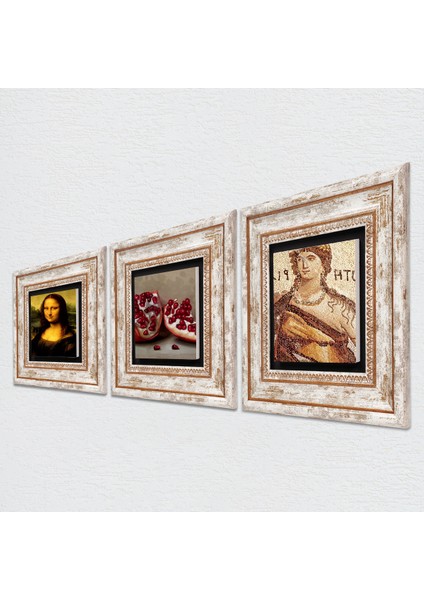 Soteria Mozaiği, Leonardo da Vinci Mona Lisa, Nar Çerçeveli Taş Duvar Tablosu 3’lü Set - Dekoratif Modern Sanat, Ev ve Ofis Dekoru |TK3-1414| fiyatları