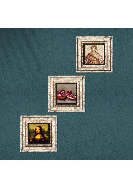 Soteria Mozaiği, Leonardo da Vinci Mona Lisa, Nar Çerçeveli Taş Duvar Tablosu 3’lü Set - Dekoratif Modern Sanat, Ev ve Ofis Dekoru |TK3-1414| fırsatları
