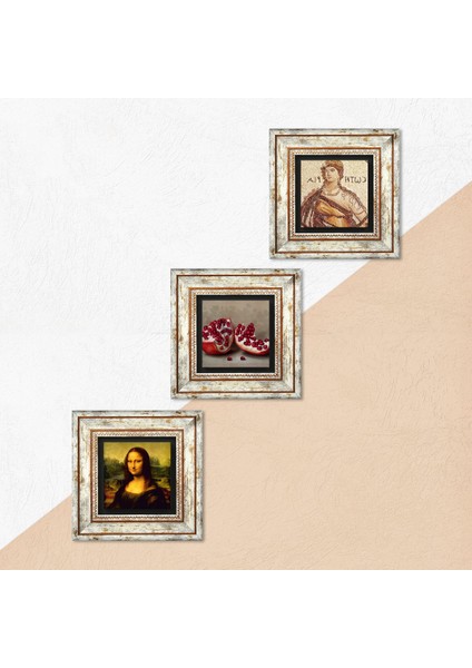 Soteria Mozaiği, Leonardo da Vinci Mona Lisa, Nar Çerçeveli Taş Duvar Tablosu 3’lü Set - Dekoratif Modern Sanat, Ev ve Ofis Dekoru |TK3-1414| indirimleri