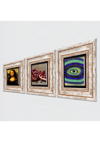 Nazar, Leonardo da Vinci Mona Lisa, Nar Çerçeveli Taş Duvar Tablosu 3’lü Set - Dekoratif Modern Sanat, Ev ve Ofis Dekoru |TK3-1432| fiyatları