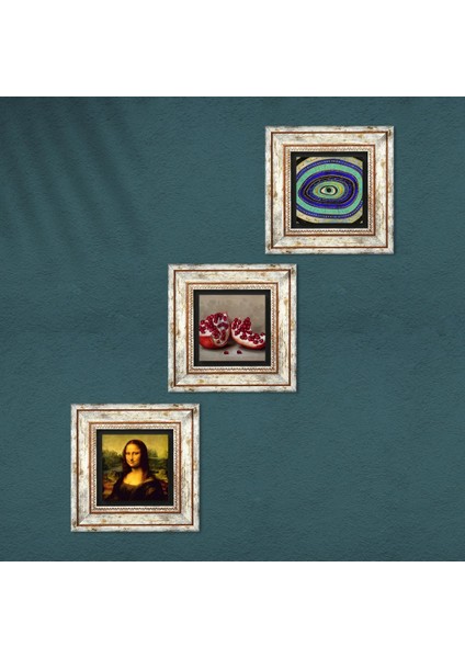 Nazar, Leonardo da Vinci Mona Lisa, Nar Çerçeveli Taş Duvar Tablosu 3’lü Set - Dekoratif Modern Sanat, Ev ve Ofis Dekoru |TK3-1432| fırsatları