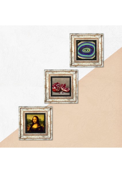 Nazar, Leonardo da Vinci Mona Lisa, Nar Çerçeveli Taş Duvar Tablosu 3’lü Set - Dekoratif Modern Sanat, Ev ve Ofis Dekoru |TK3-1432| indirimleri