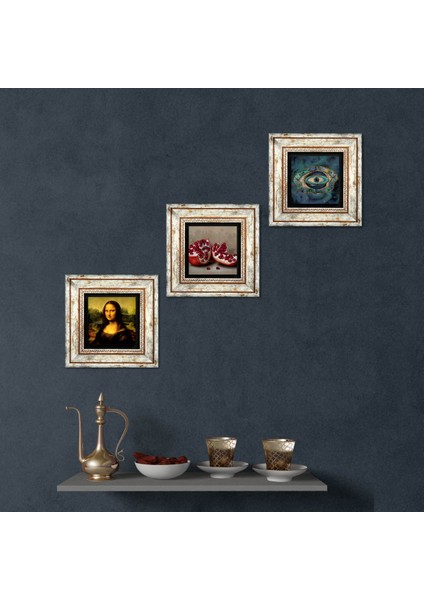 Stone Nazar, Leonardo da Vinci Mona Lisa, Nar Çerçeveli Taş Duvar Tablosu 3’lü Set - Dekoratif Modern Sanat, Ev ve Ofis Dekoru |TK3-1433|
