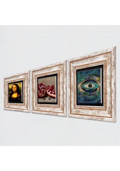 Stone Nazar, Leonardo da Vinci Mona Lisa, Nar Çerçeveli Taş Duvar Tablosu 3’lü Set - Dekoratif Modern Sanat, Ev ve Ofis Dekoru |TK3-1433| fiyatları