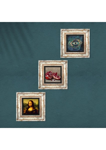 Stone Nazar, Leonardo da Vinci Mona Lisa, Nar Çerçeveli Taş Duvar Tablosu 3’lü Set - Dekoratif Modern Sanat, Ev ve Ofis Dekoru |TK3-1433| fırsatları