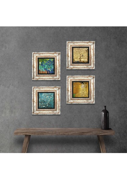 Gustav Klimt, Van Gogh Taş Duvar Tablosu Çerçeveli Duvar Dekoru 4 Parça Tablo Seti Wall Art T4-678