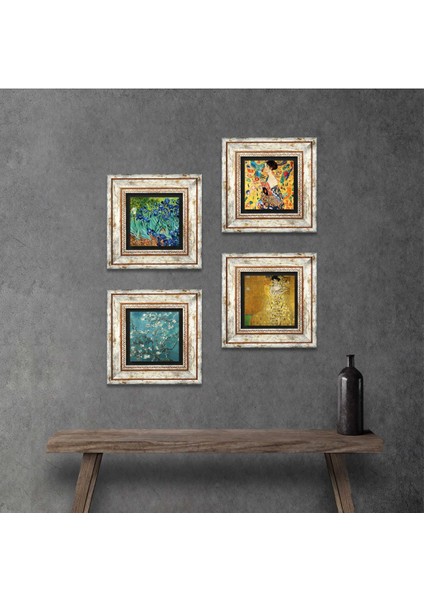 Gustav Klimt, Van Gogh Taş Duvar Tablosu Çerçeveli Duvar Dekoru 4 Parça Tablo Seti Wall Art T4-679