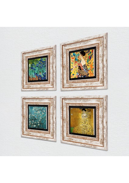 Gustav Klimt, Van Gogh Taş Duvar Tablosu Çerçeveli Duvar Dekoru 4 Parça Tablo Seti Wall Art T4-679
